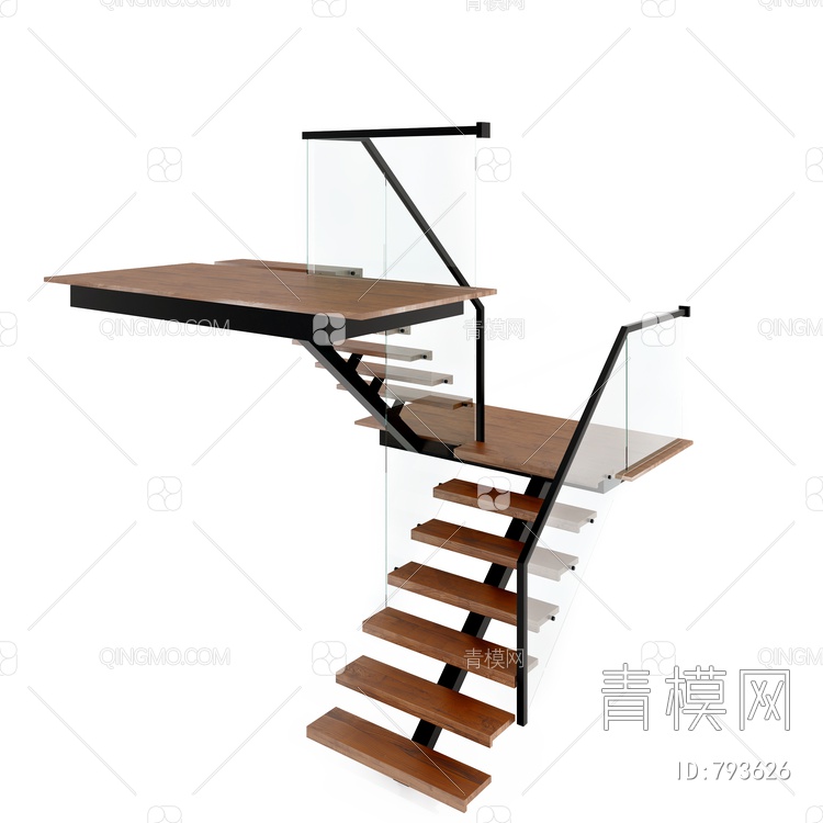 实木玻璃楼梯栏杆，3D模型下载【ID:793626】