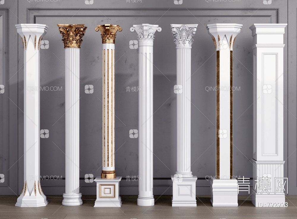 雕花描金罗马柱柱头，3D模型下载【ID:792993】