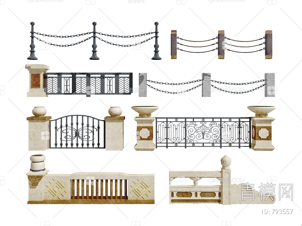 石材铁艺围墙 栏杆 护栏3D模型下载【ID:793557】