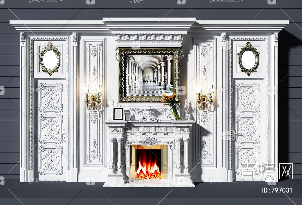 雕花壁炉背景墙3D模型下载【ID:1946744】