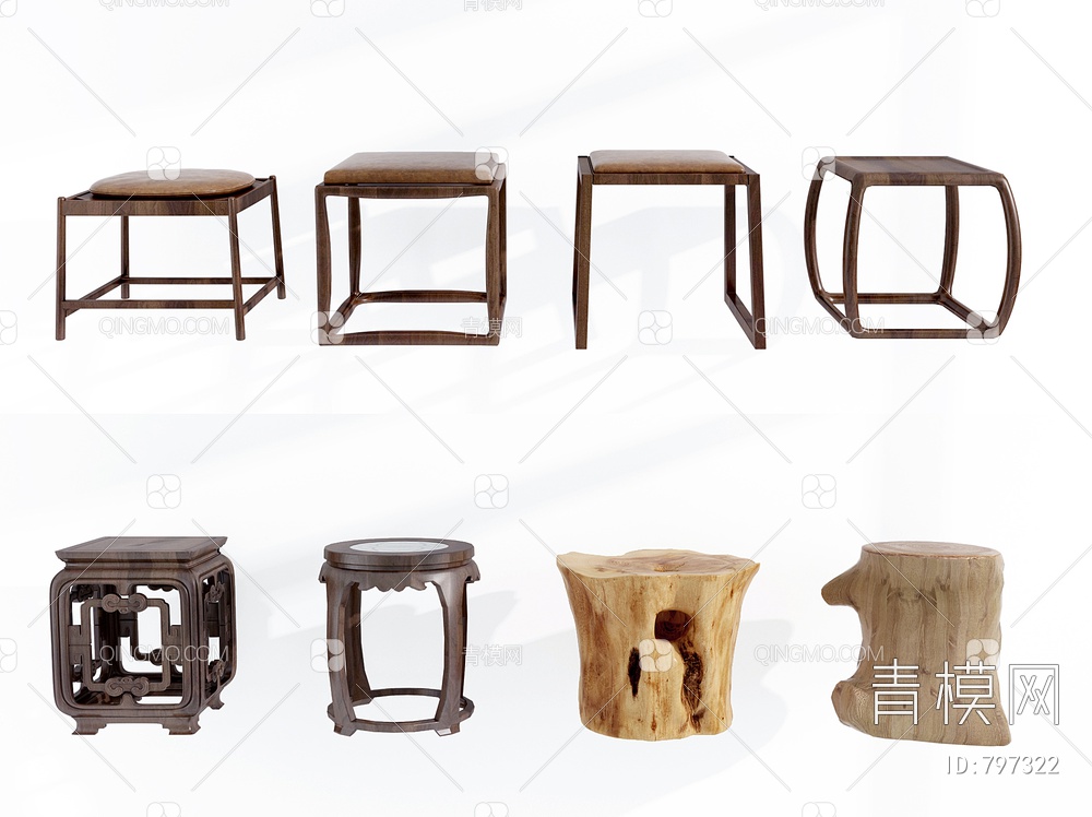 实木圆凳矮凳凳子组合3D模型下载【ID:797322】