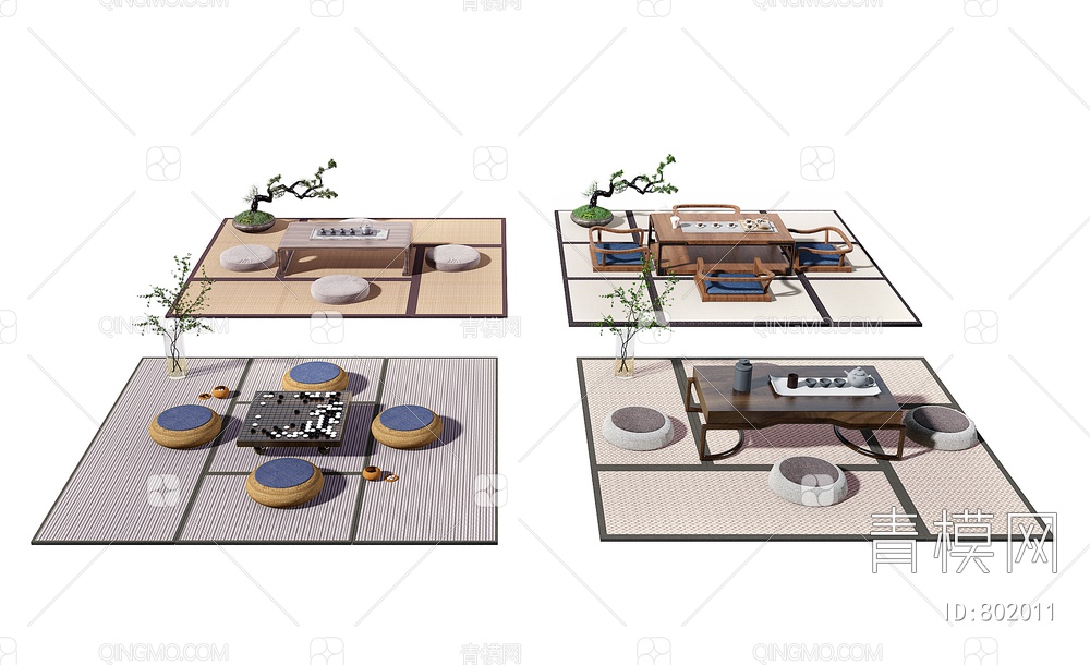 榻榻米茶桌椅组合3D模型下载【ID:802011】