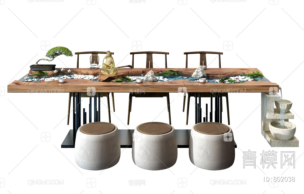 禅意流 水茶台 茶桌椅3D模型下载【ID:802038】