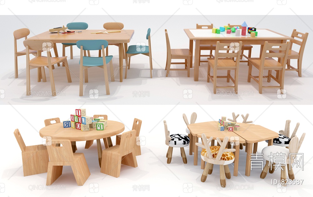 儿童幼儿园课桌椅3D模型下载【ID:823587】