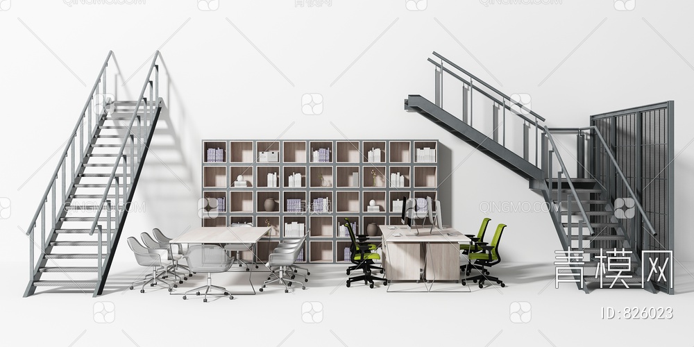 楼梯书架 办公桌椅3D模型下载【ID:826023】