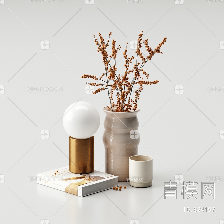 干枝装饰花瓶灯泡书籍3D模型下载【ID:824157】