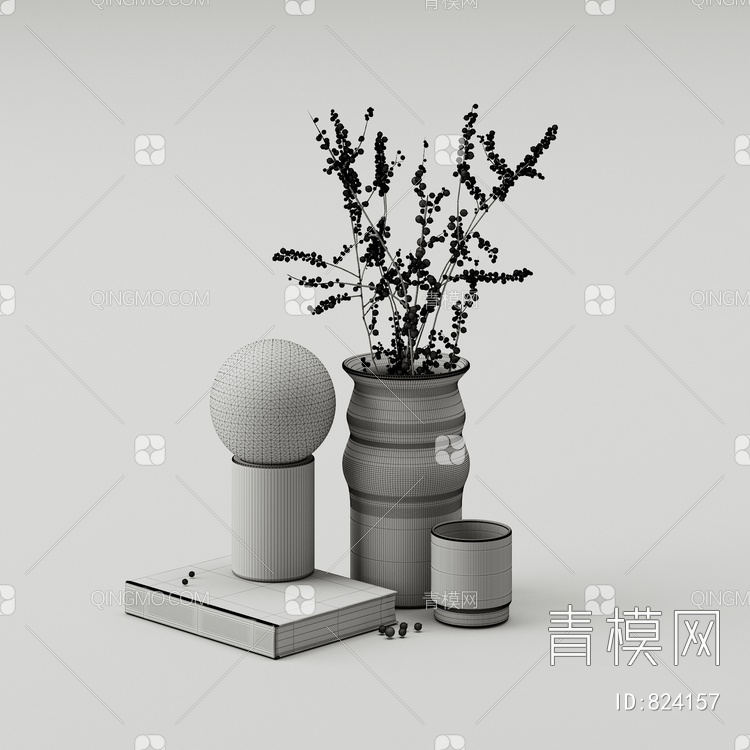 干枝装饰花瓶灯泡书籍3D模型下载【ID:824157】