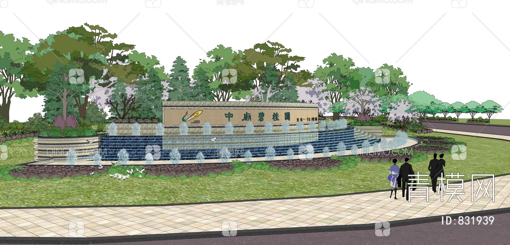 跌水景墙，公园入口景观SU模型下载【ID:831939】