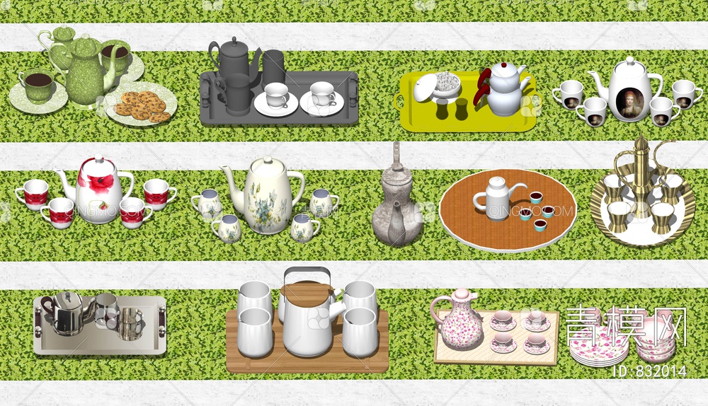 茶壶茶艺品组合SU模型下载【ID:832014】