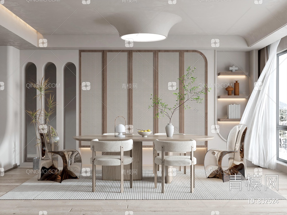 餐厅 餐桌椅组合 餐厅摆件 绿植 茶室 透明椅 休闲椅SU模型下载【ID:832524】