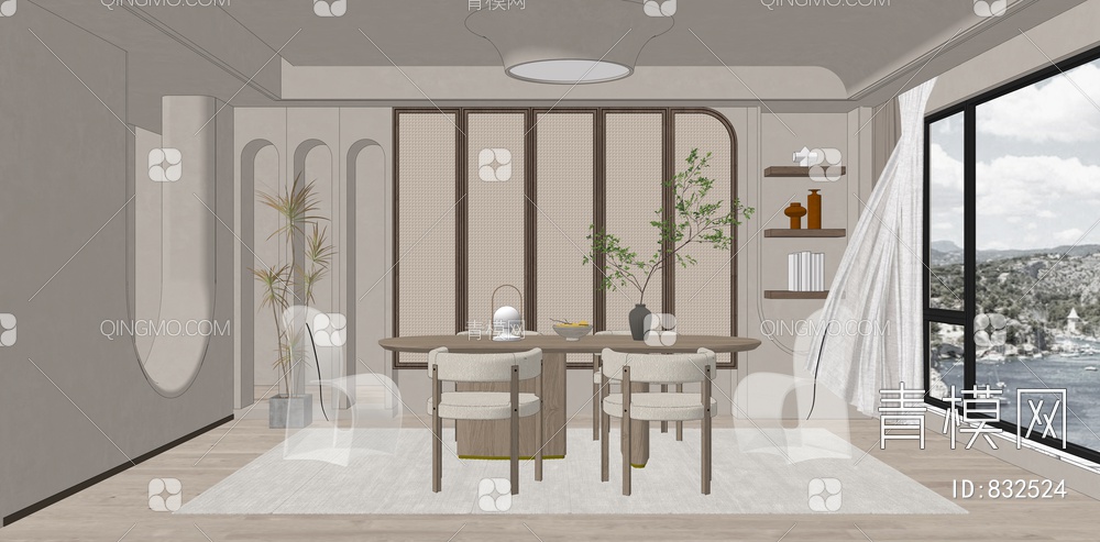 餐厅 餐桌椅组合 餐厅摆件 绿植 茶室 透明椅 休闲椅SU模型下载【ID:832524】