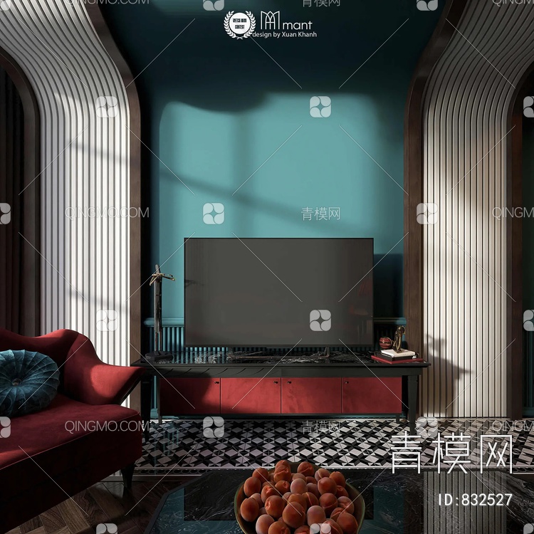客厅 沙发茶几组合 灯笼吊灯 电视墙 沙发背景墙SU模型下载【ID:832527】