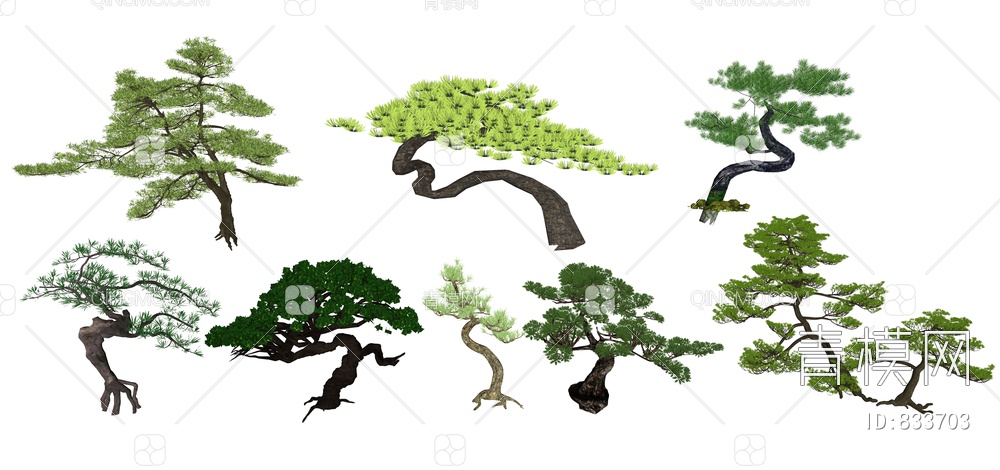景观植物、造型松、禅意罗汉松、造型树SU模型下载【ID:833703】