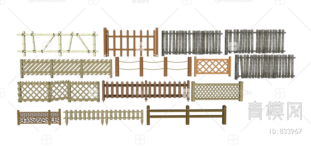 竹篱笆 护栏 木栅栏 木制围栏 篱笆 木网格 花架 竹制栏杆 护栏SU模型下载【ID:833967】