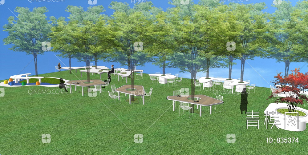 公园景观桌椅组合  林下树桌 公园构筑物 树池SU模型下载【ID:835374】