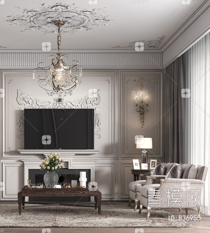 客厅，沙发，吊灯，吊灯3D模型下载【ID:836955】
