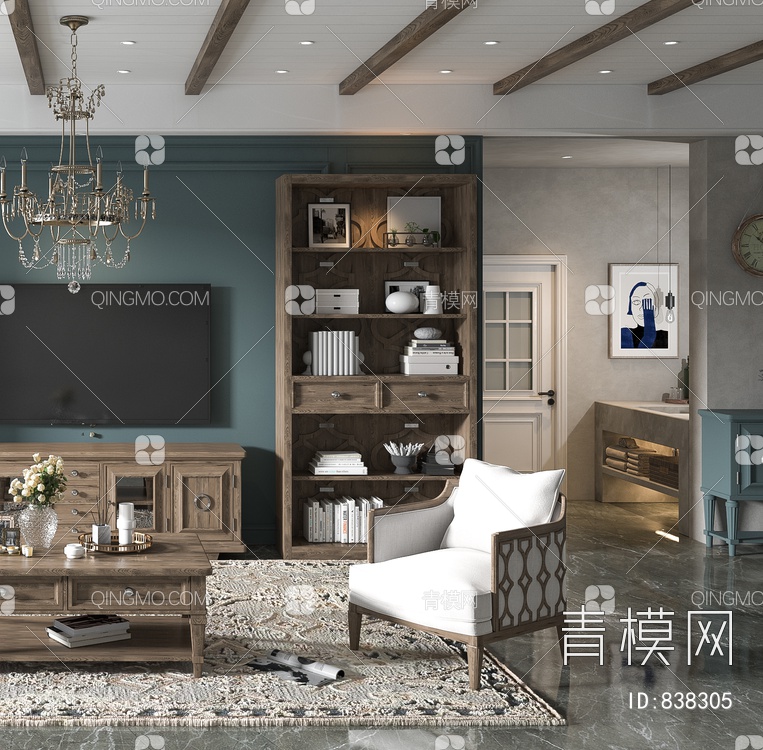 客厅，简美客厅，电视柜，茶几，沙发，酒柜，画3D模型下载【ID:838305】