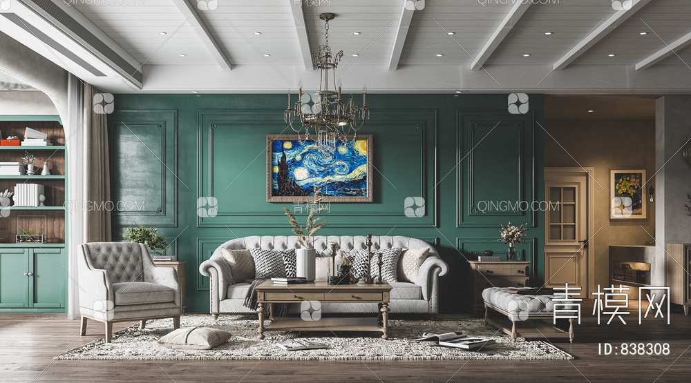 客厅，简美客厅，电视柜，茶几，沙发，酒柜，画3D模型下载【ID:838308】