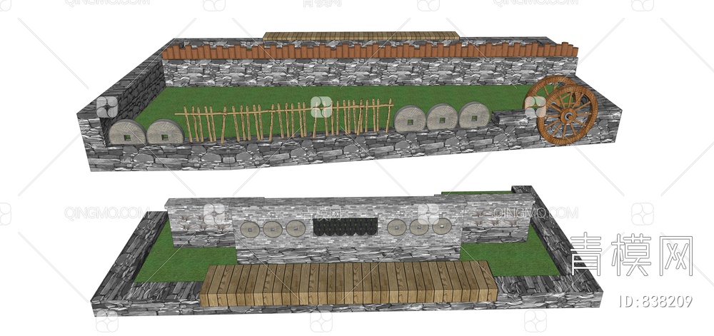 乡村特色青砖种植池、矮墙、景墙SU模型下载【ID:838209】
