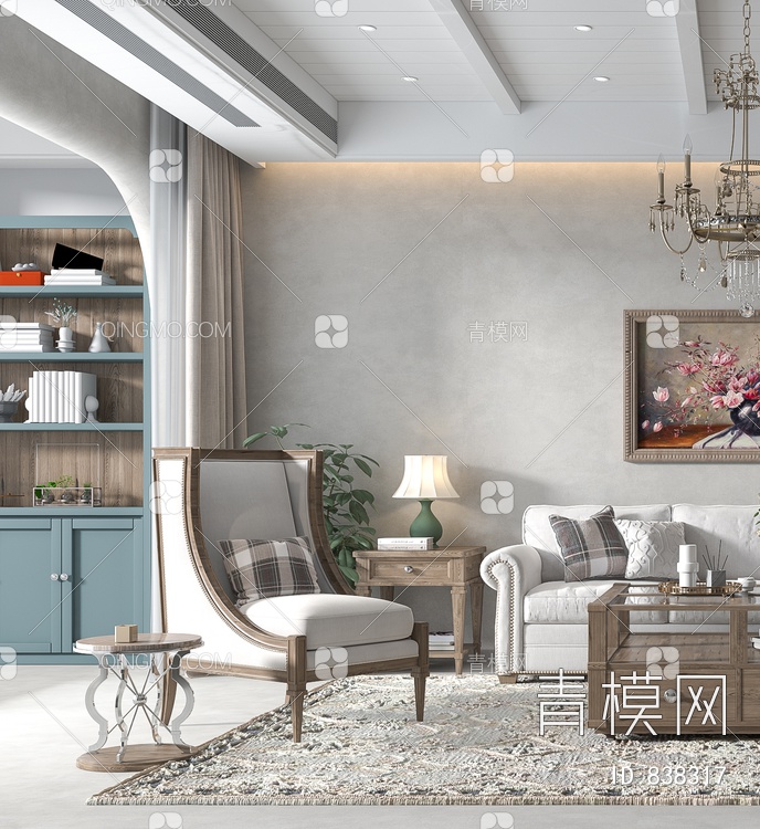 客厅，简美客厅，电视柜，茶几，沙发，酒柜，画3D模型下载【ID:838317】