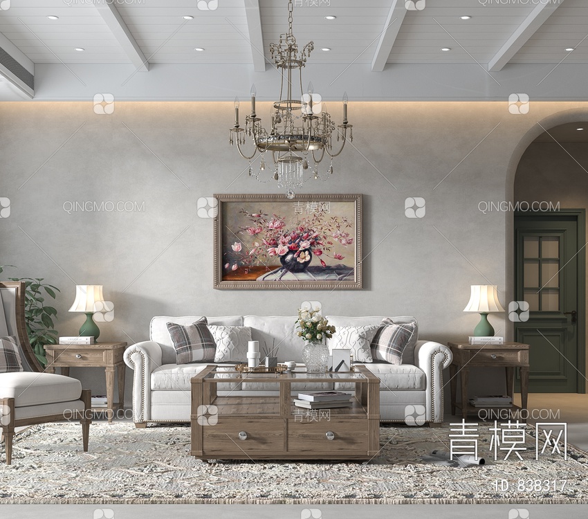 客厅，简美客厅，电视柜，茶几，沙发，酒柜，画3D模型下载【ID:838317】
