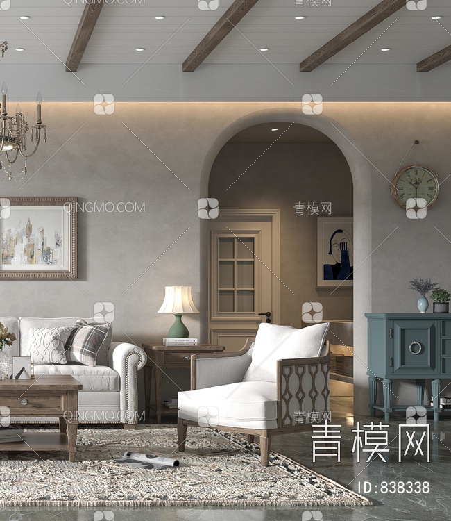 客厅，沙发，茶几，吊灯，餐边柜，美克美家沙发3D模型下载【ID:838338】