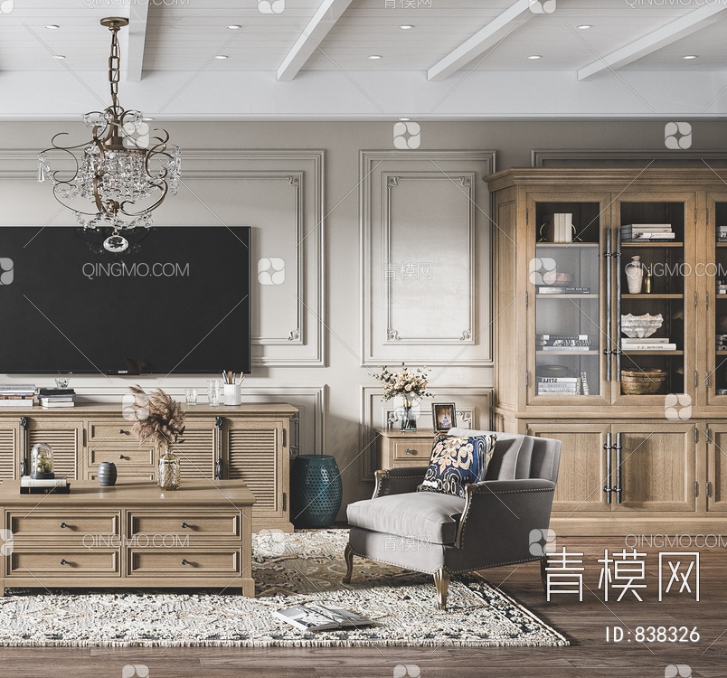 客厅，简美客厅，电视柜，茶几，沙发，酒柜，画3D模型下载【ID:838326】