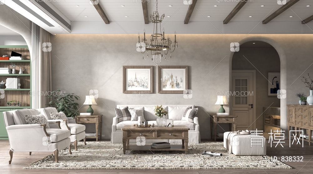 客厅，简美客厅，电视柜，茶几，沙发，酒柜，画3D模型下载【ID:838332】