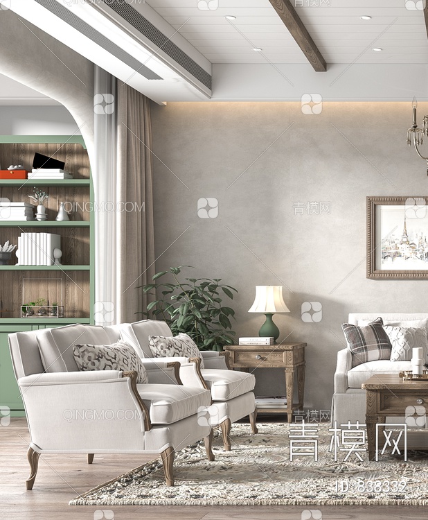 客厅，简美客厅，电视柜，茶几，沙发，酒柜，画3D模型下载【ID:838332】