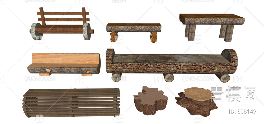 乡村创意木座椅、木头凳子、树根座椅SU模型下载【ID:838149】