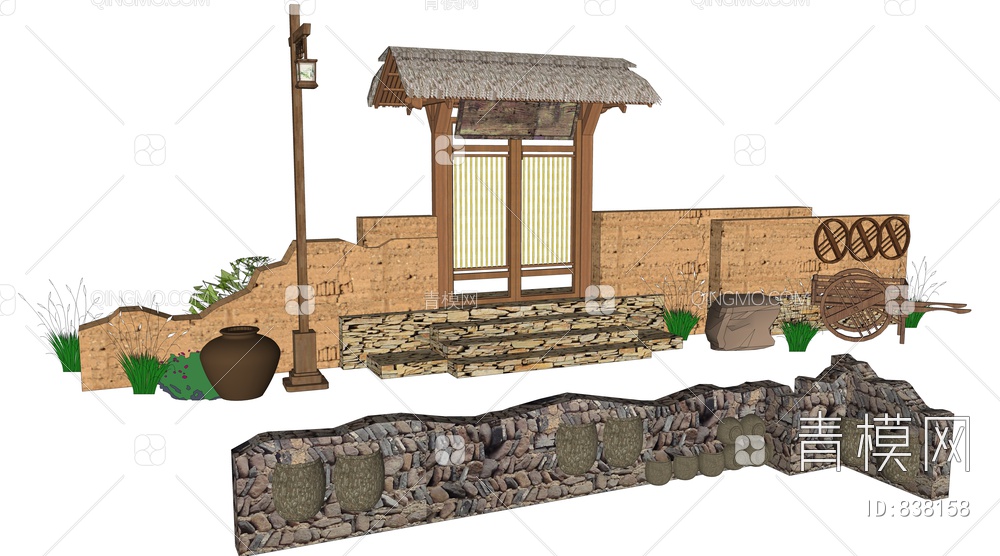乡村旅游农户土墙、石头墙景观节点SU模型下载【ID:838158】