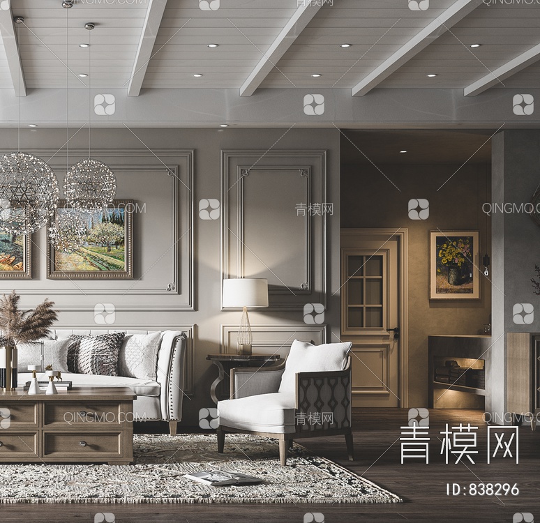 客厅，简美客厅，电视柜，茶几，沙发，酒柜，画3D模型下载【ID:838296】