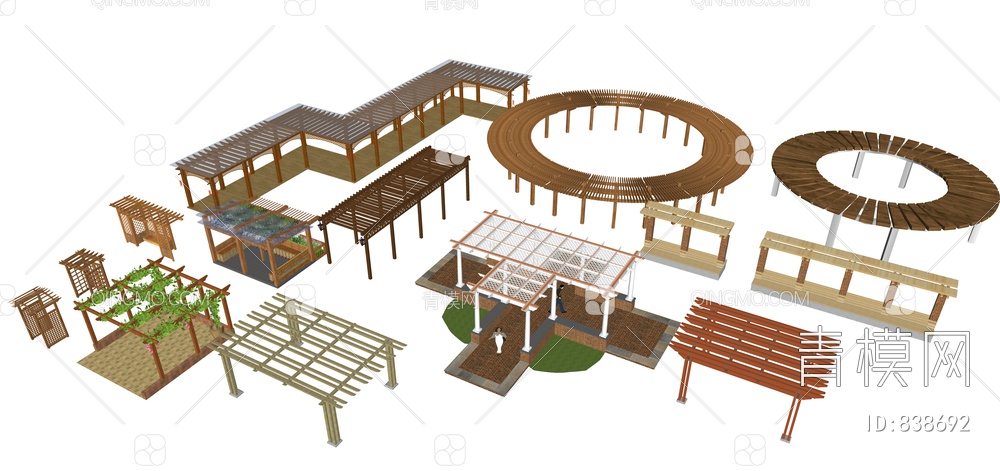 木质廊架、花架、廊架 景观廊架 艺术廊架 特色廊架  景观亭SU模型下载【ID:838692】