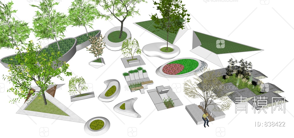 广场、公园室外特色景观树池、种植池SU模型下载【ID:838422】