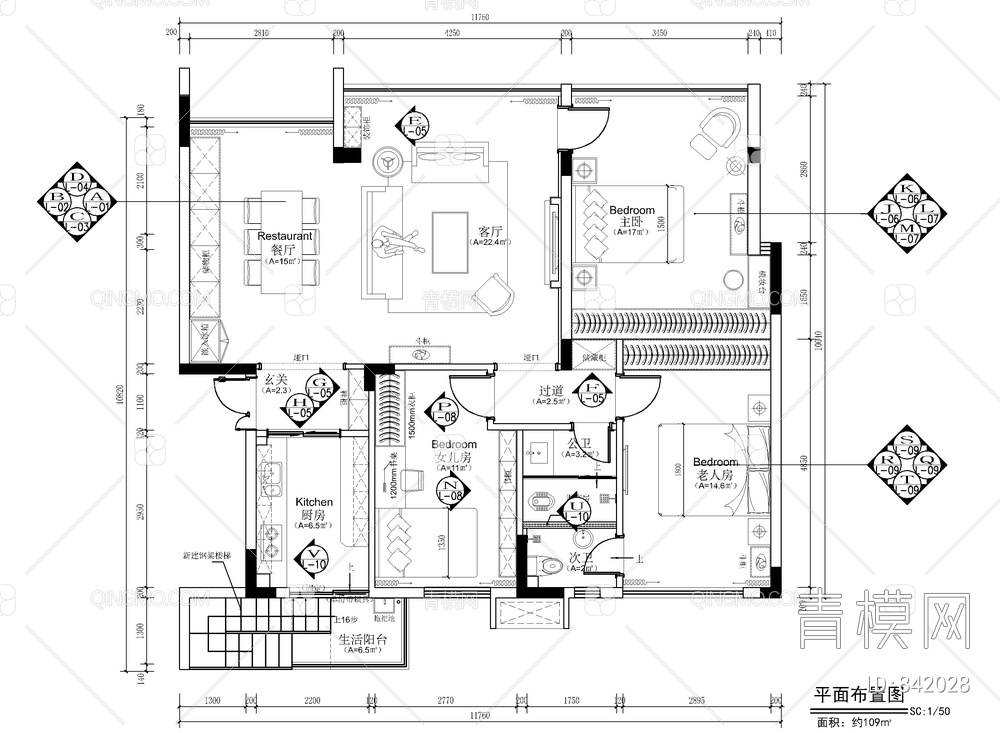 110㎡大平层私宅家装CAD施工图【ID:842028】