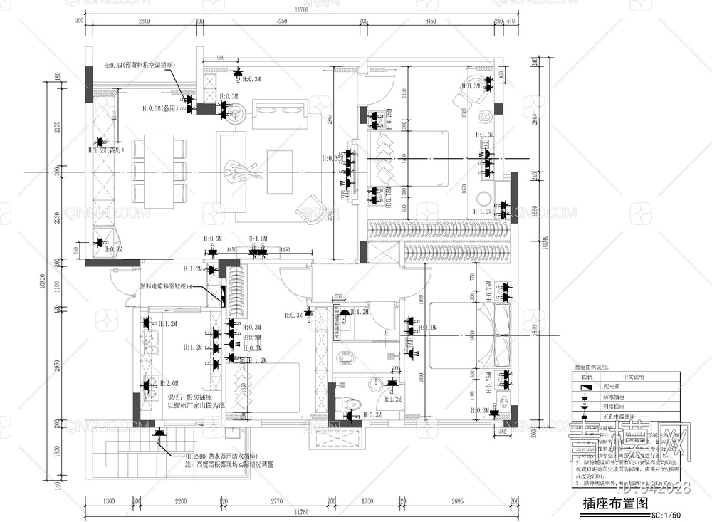 110㎡大平层私宅家装CAD施工图【ID:842028】