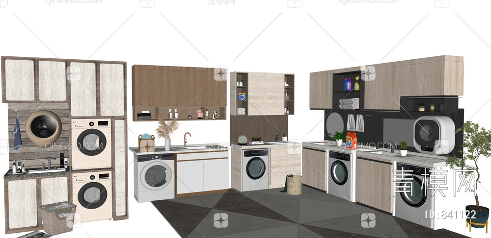 阳台洗衣机、储物柜 脏衣篓SU模型下载【ID:841122】