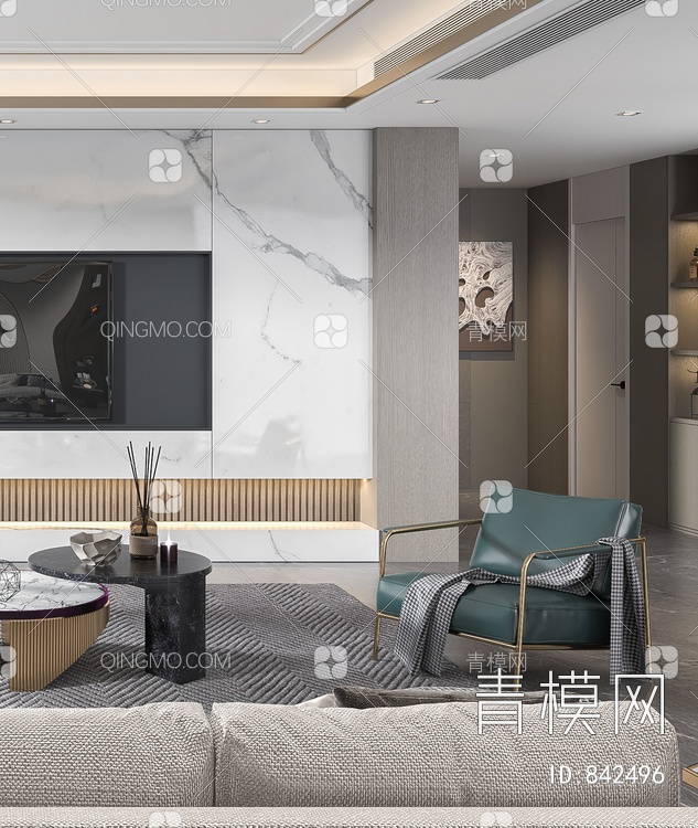 客厅，背景墙，吊灯，沙发，客厅，茶几3D模型下载【ID:842496】