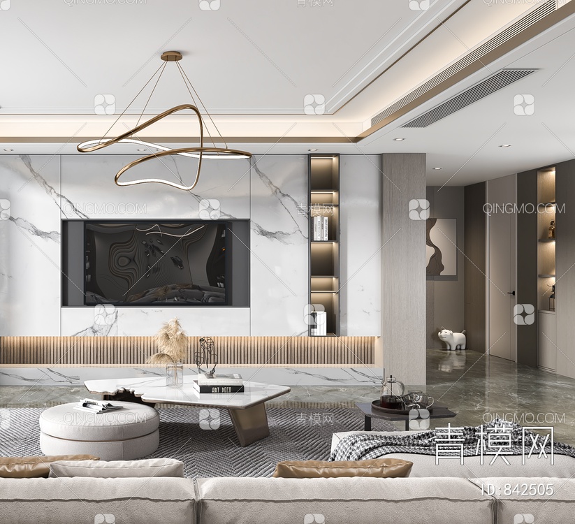 客厅，背景墙，吊灯，沙发，客厅，茶几3D模型下载【ID:842505】