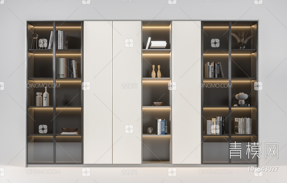 书柜，酒柜，玻璃柜，极简书柜，黑框书柜3D模型下载【ID:843027】