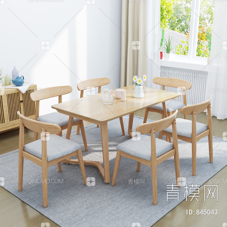 实木餐桌椅 橡木餐桌 餐具3D模型下载【ID:845043】