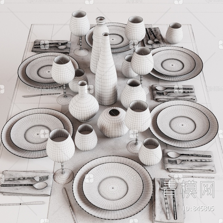 餐具组合 刀叉盘子杯子3D模型下载【ID:845805】