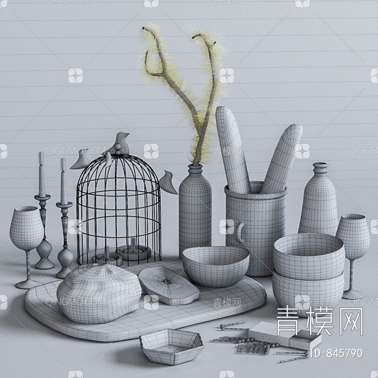厨房摆件 面包 案板 火柴 蜡烛 碗3D模型下载【ID:845790】