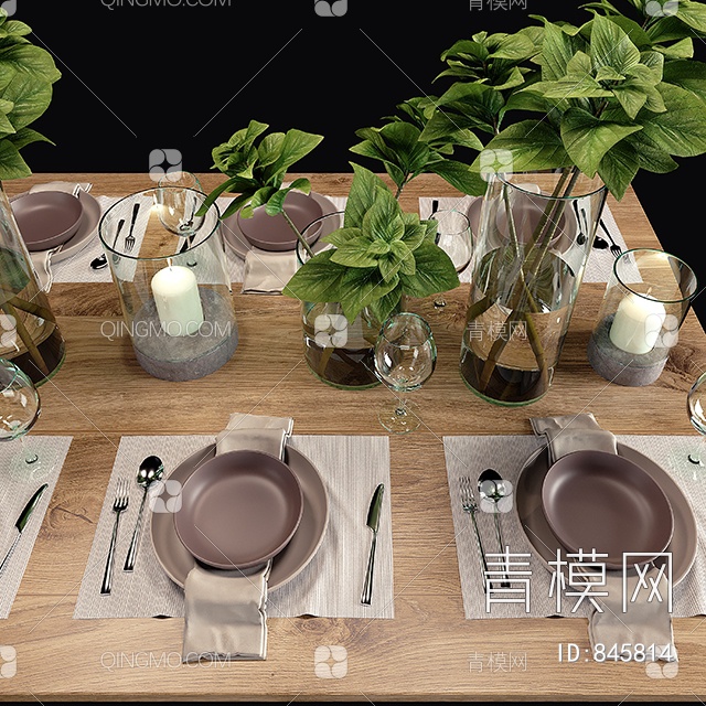 餐具组合 刀叉 盘子 杯子 蜡烛3D模型下载【ID:845814】