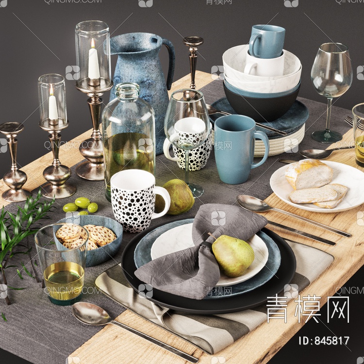 餐具组合 刀叉 盘子 杯子 蜡烛3D模型下载【ID:845817】