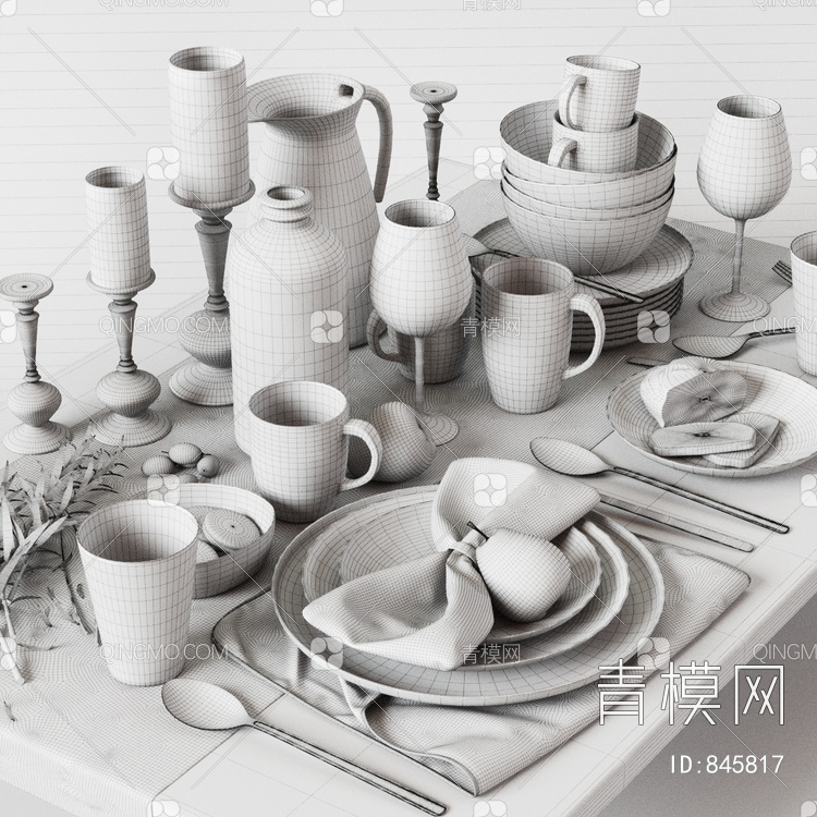 餐具组合 刀叉 盘子 杯子 蜡烛3D模型下载【ID:845817】