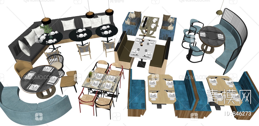 沙发餐桌椅组合、茶桌椅、饭店餐桌、客厅餐桌、餐桌、饭桌SU模型下载【ID:846273】