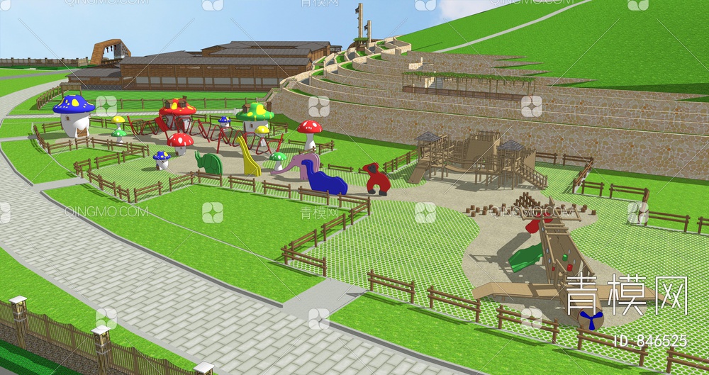 乡村生态儿童乐园公园 乡村儿童娱乐活动区 蘑菇房 公园攀爬设施SU模型下载【ID:846525】
