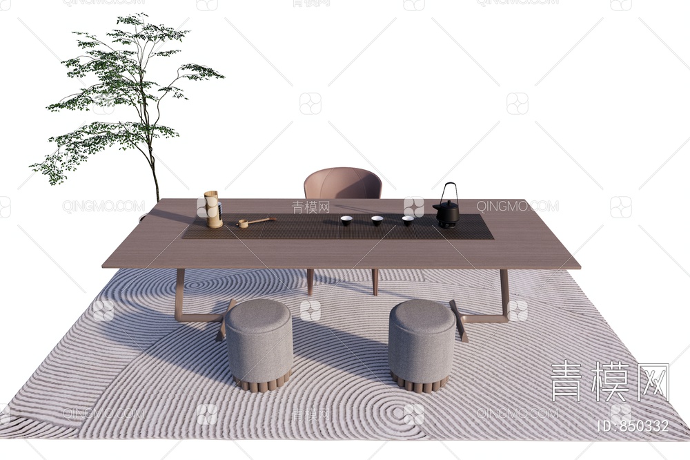 茶桌椅绿植组合SU模型下载【ID:850332】
