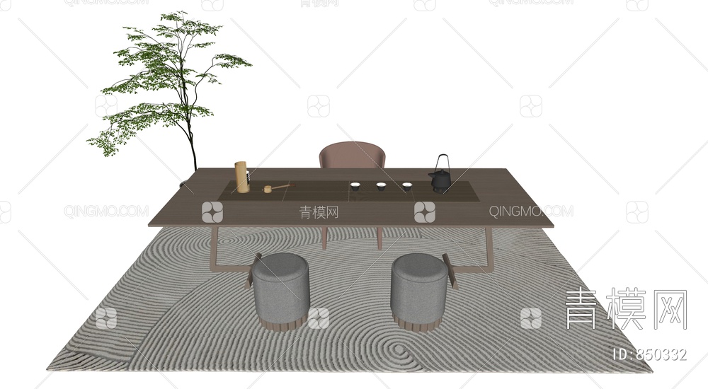 茶桌椅绿植组合SU模型下载【ID:850332】